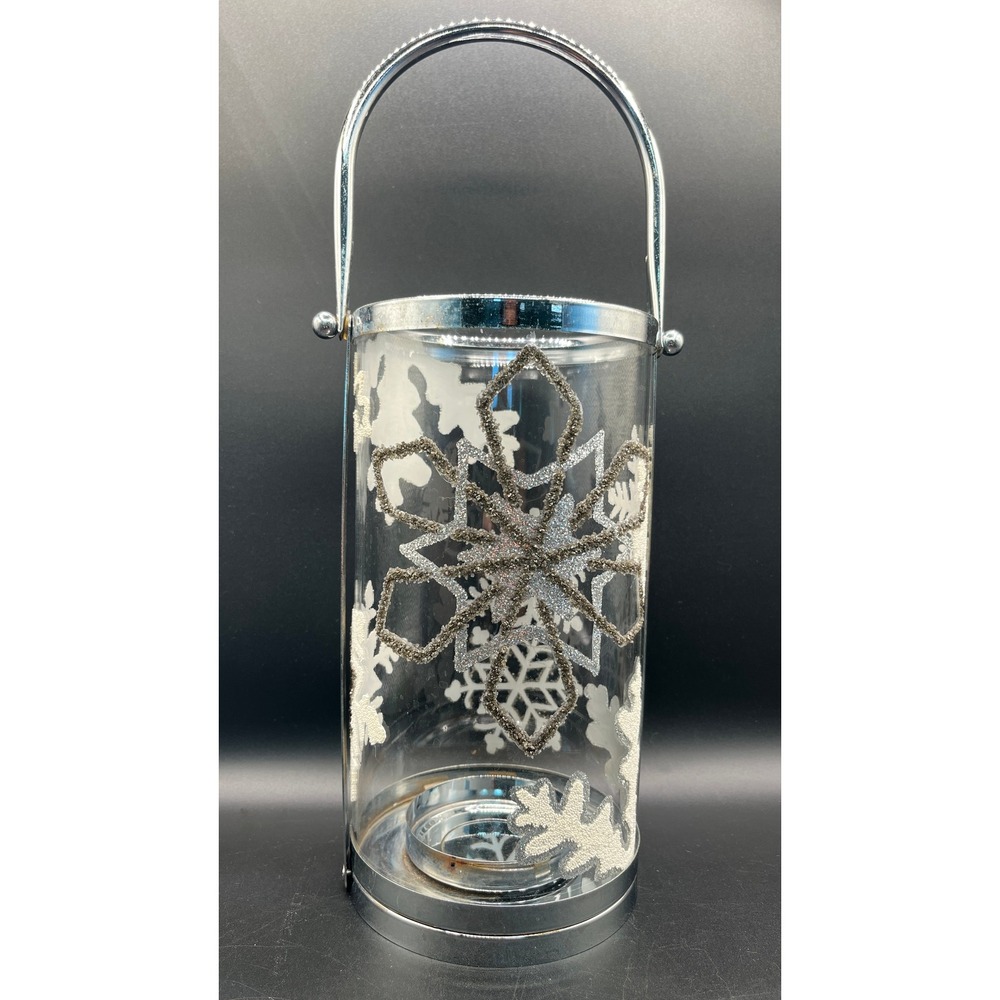 Silver Snowflake Glass Cylinder Candle Lantern Chrome Handle Winter Decor 10.25"
